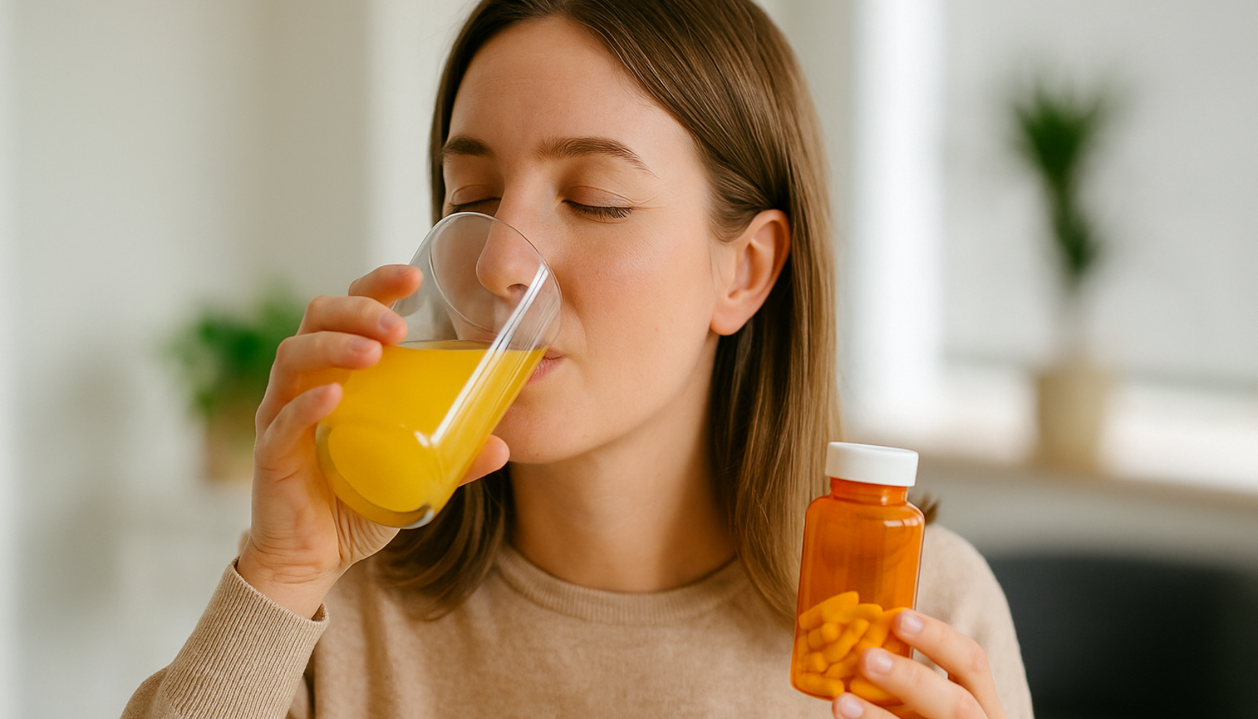 Ingefærshot: En energiboost for immunforsvaret 15 Kvinne drikker appelsinjuice og holder vitaminflaske for å styrke immunforsvaret naturlig hjemme.