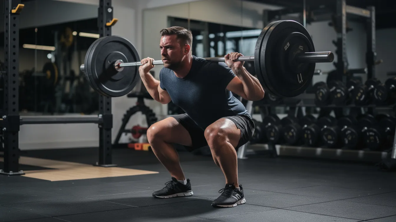 A person is performing weighted barbell squats in a gym, focusing on strength training to enhance muscle mass and improve body composition. This exercise can positively impact metabolic health and bone density, contributing to overall longevity and reduced risk factors for conditions like osteoporosis and cardiovascular disease.