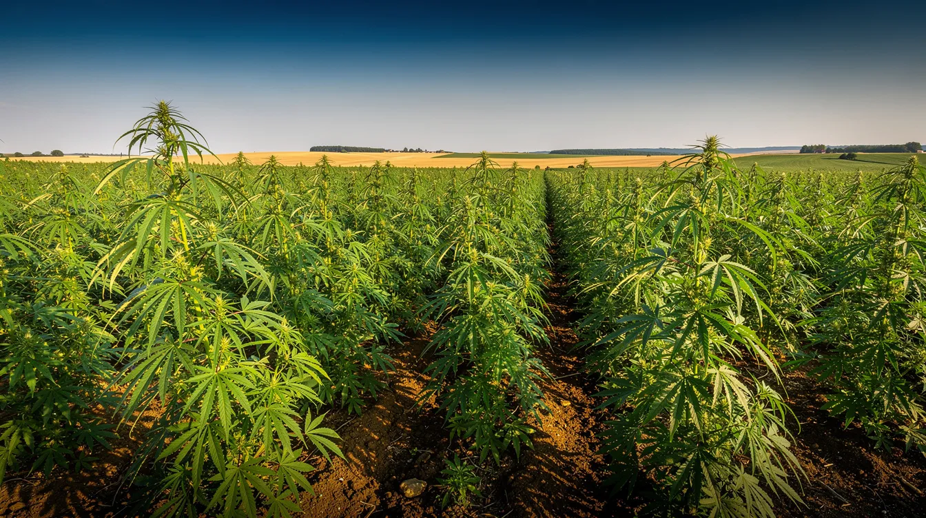 The image shows a vibrant field of green hemp plants, classified under the cannabis genus, thriving under a clear blue sky. These mature stalks represent the cultivation of hemp, which is often associated with hemp derived products and various cannabinoids, including hemp derived delta and hemp derived CBD.
