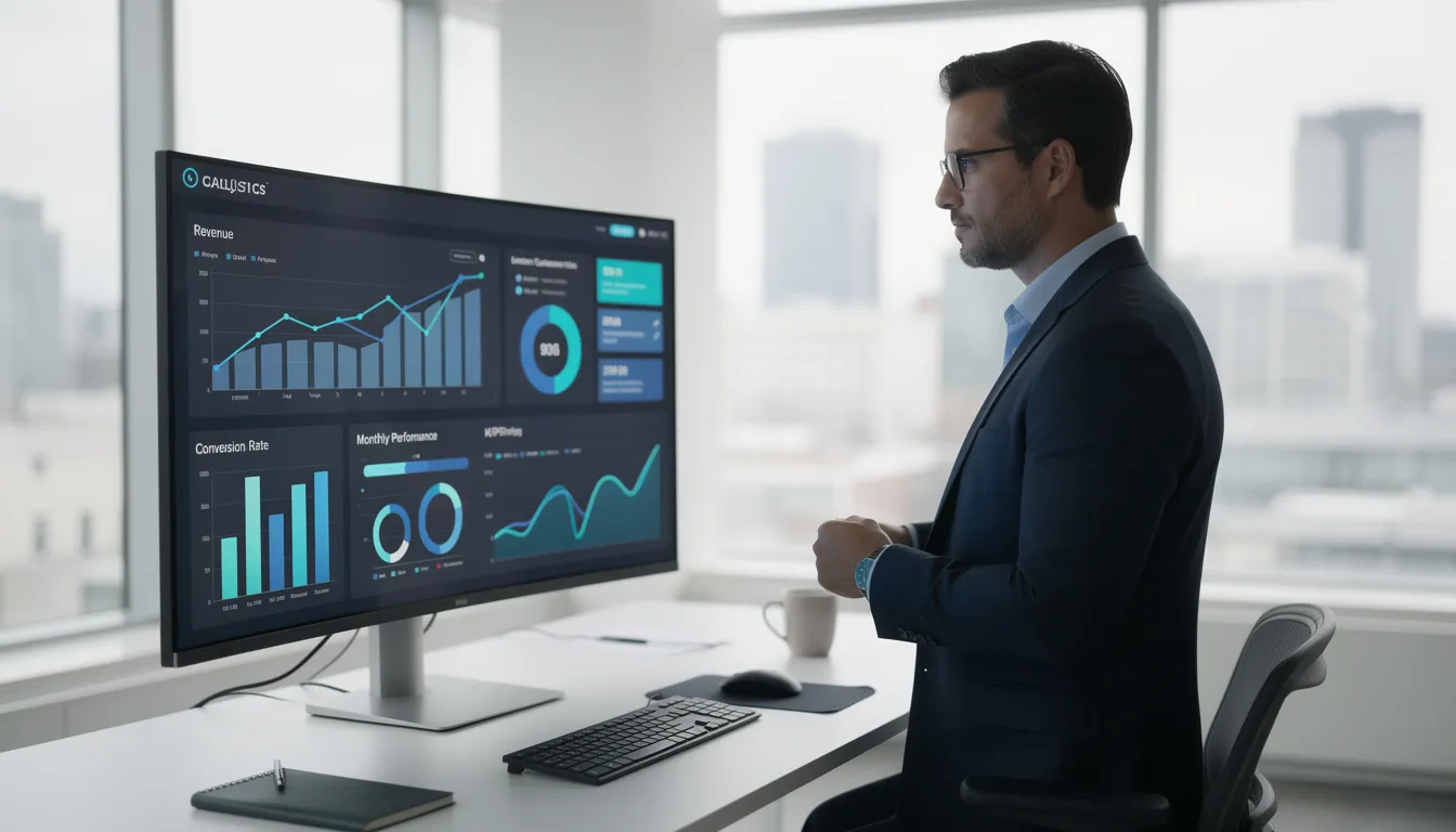 A business professional is intently reviewing a data analytics dashboard displayed on a large monitor, analyzing key metrics that inform software development project decisions. This scene highlights the importance of data-driven insights in a software development company, showcasing the role of project managers in driving business growth through innovative software solutions.