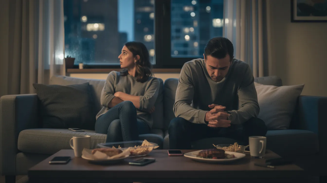 The image depicts a couple sitting together in a cozy setting, appearing engaged in an honest conversation about their commitment issues in relationships. Their expressions reflect a mix of vulnerability and determination as they navigate their emotional connection and discuss their future plans, highlighting the challenges of overcoming commitment fears and finding the right person for a stable relationship.