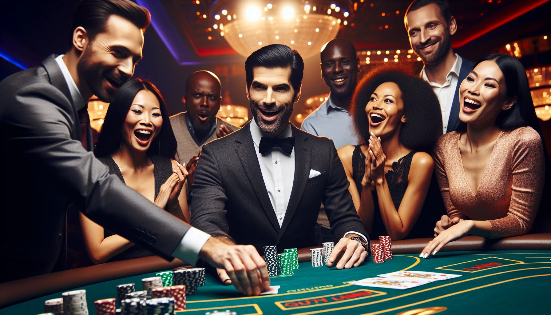 Illustration of a casino dealer hosting a live table game with enthusiastic guests