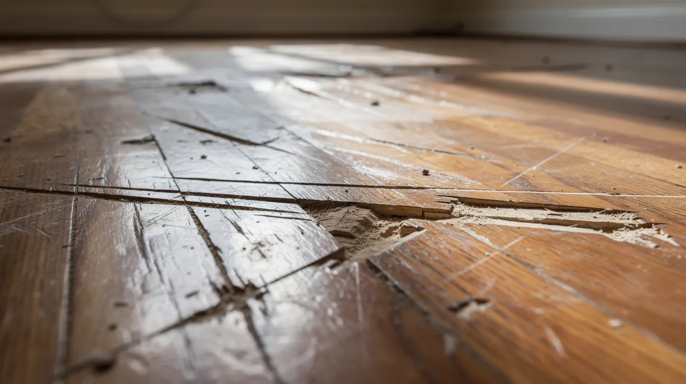 The image depicts a damaged hardwood floor featuring deep scratches and scuff marks, likely caused by heavy objects such as pianos being dragged across it. This visible wear highlights the importance of professional piano removal services to avoid damage during moving.