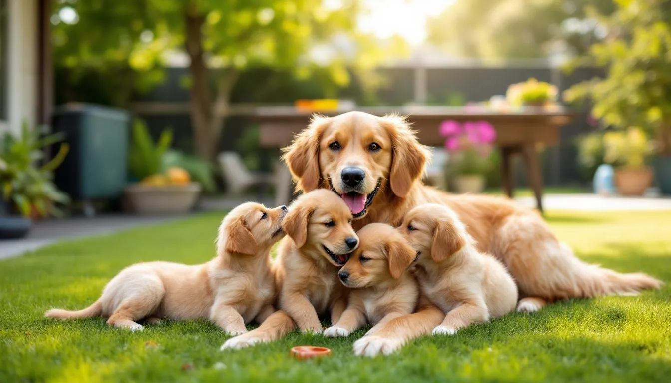 A joyful family of goldendoodles, including several playful goldendoodle puppies, is shown in a responsible breeding environment, highlighting the importance of proper training and health considerations for this hybrid breed. The scene reflects the loving bond between the dogs and their human family, showcasing the playful nature and intelligence of these wonderful pets.
