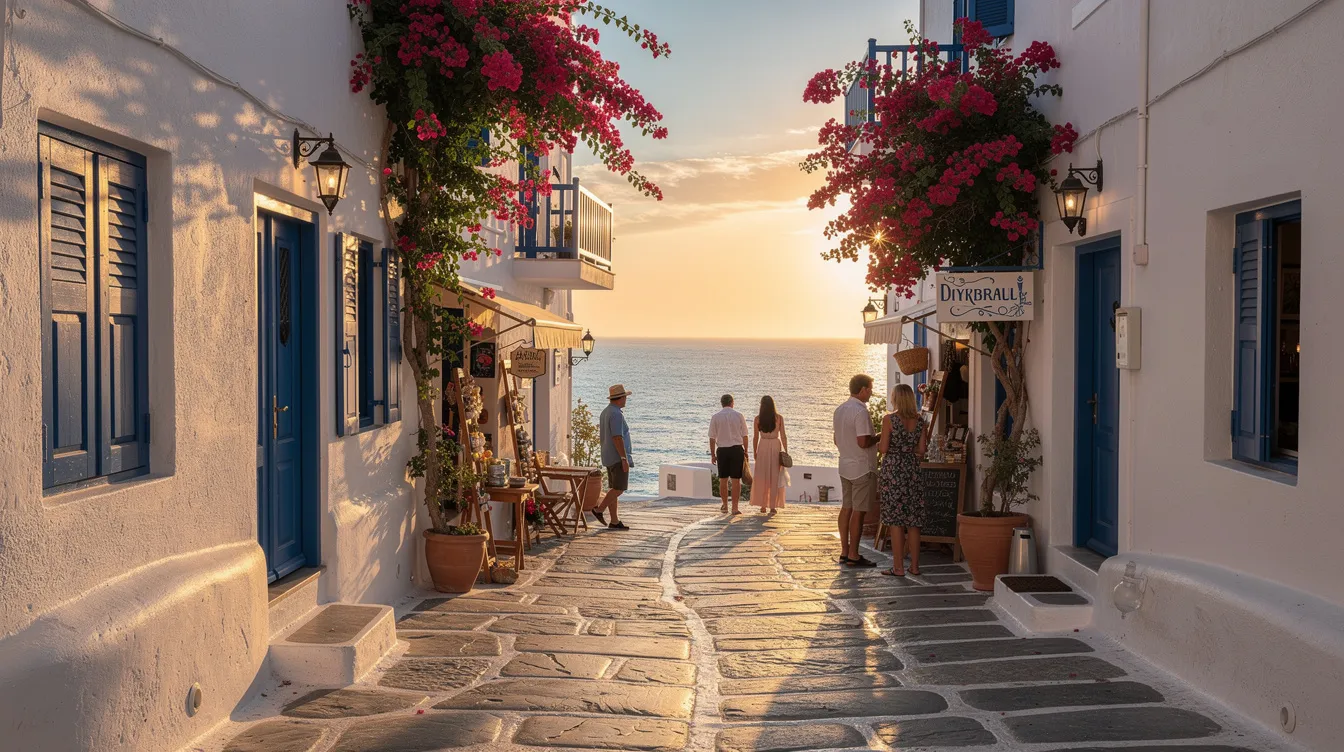 A imagem mostra as ruas charmosas de Mykonos, na Grécia, com casas brancas e janelas azuis, cercadas por flores coloridas. Turistas caminham pelas passagens estreitas, aproveitando a atmosfera vibrante e acolhedora da ilha grega.