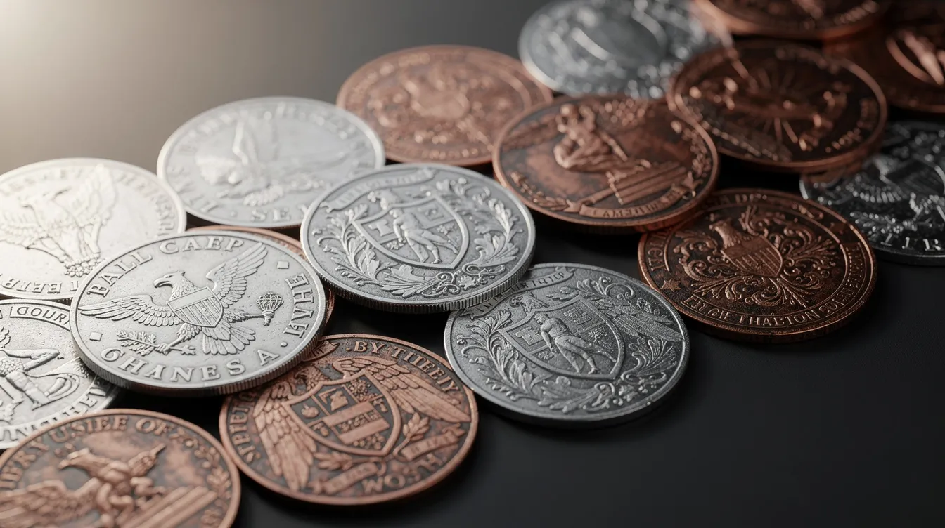 The image features an artistic arrangement of intricately designed silver rounds and antiqued copper rounds, showcasing various patterns that highlight their unique craftsmanship. This collection of precious metals reflects the appeal of bullion investments, appealing to both collectors and private investors interested in silver bullion and copper coins.