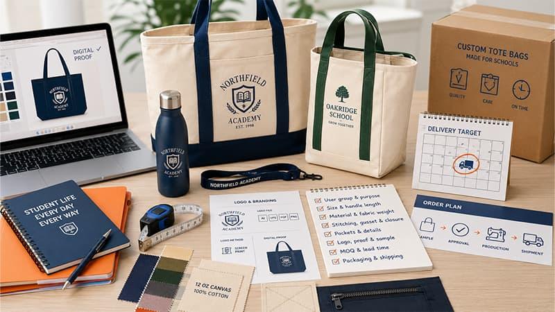 Custom school tote bag order planning with digital proof, logo placement, fabric swatches, checklist, packaging, and delivery target.