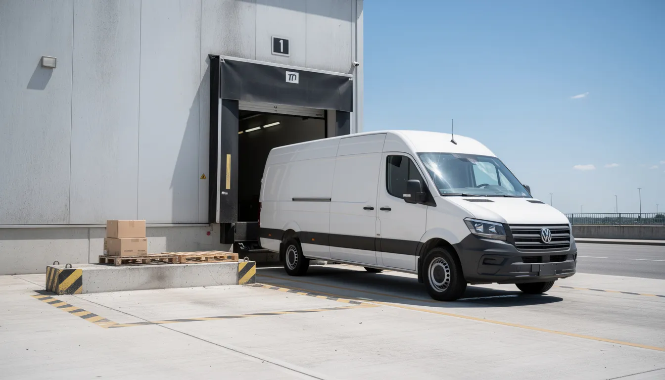 A commercial van is parked at a loading dock during the day, ready for loading or unloading goods. This scene highlights the importance of efficient fleet management and reliable tracking solutions, such as GPS tracking devices, to optimize delivery operations.