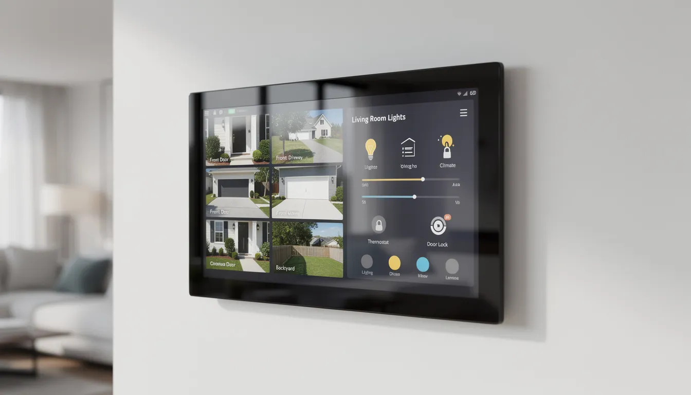 A modern smart home control touchscreen panel displays live feeds from security cameras alongside various home automation controls, allowing homeowners to monitor their property and manage their security systems efficiently. This setup emphasizes the importance of video surveillance for addressing security concerns and ensuring compliance with California surveillance camera laws.