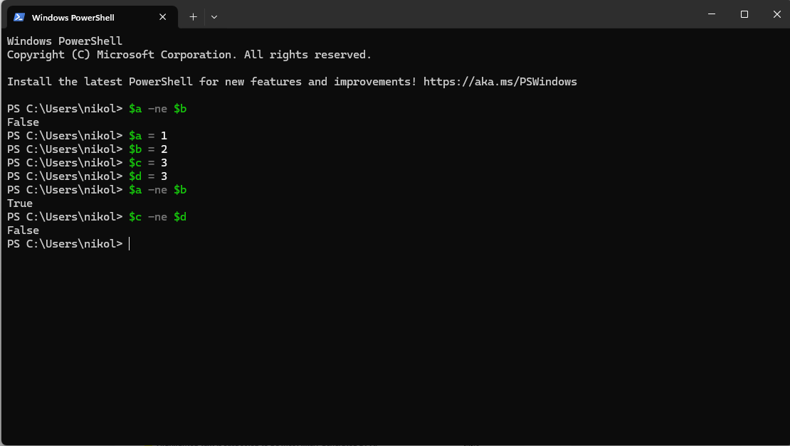 A PowerShell Command Prompt showing the statement "$c -ne $d"