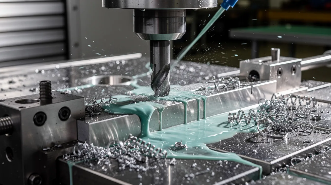 The image shows a close-up of a CNC milling machine with a metal workpiece securely clamped on the table, while coolant flows over it, and metal chips are scattered around, illustrating the CNC machining process in action. This setup highlights the precision and efficiency of modern CNC systems used in the manufacturing industry.