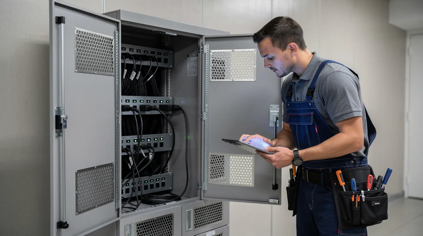 A maintenance technician is inspecting an open smart locker cabinet designed for secure storage and charging of devices such as Motorola radios and body-worn cameras. The cabinet features ventilation grilles and visible charging cables, ensuring efficient deployment and access to essential equipment.