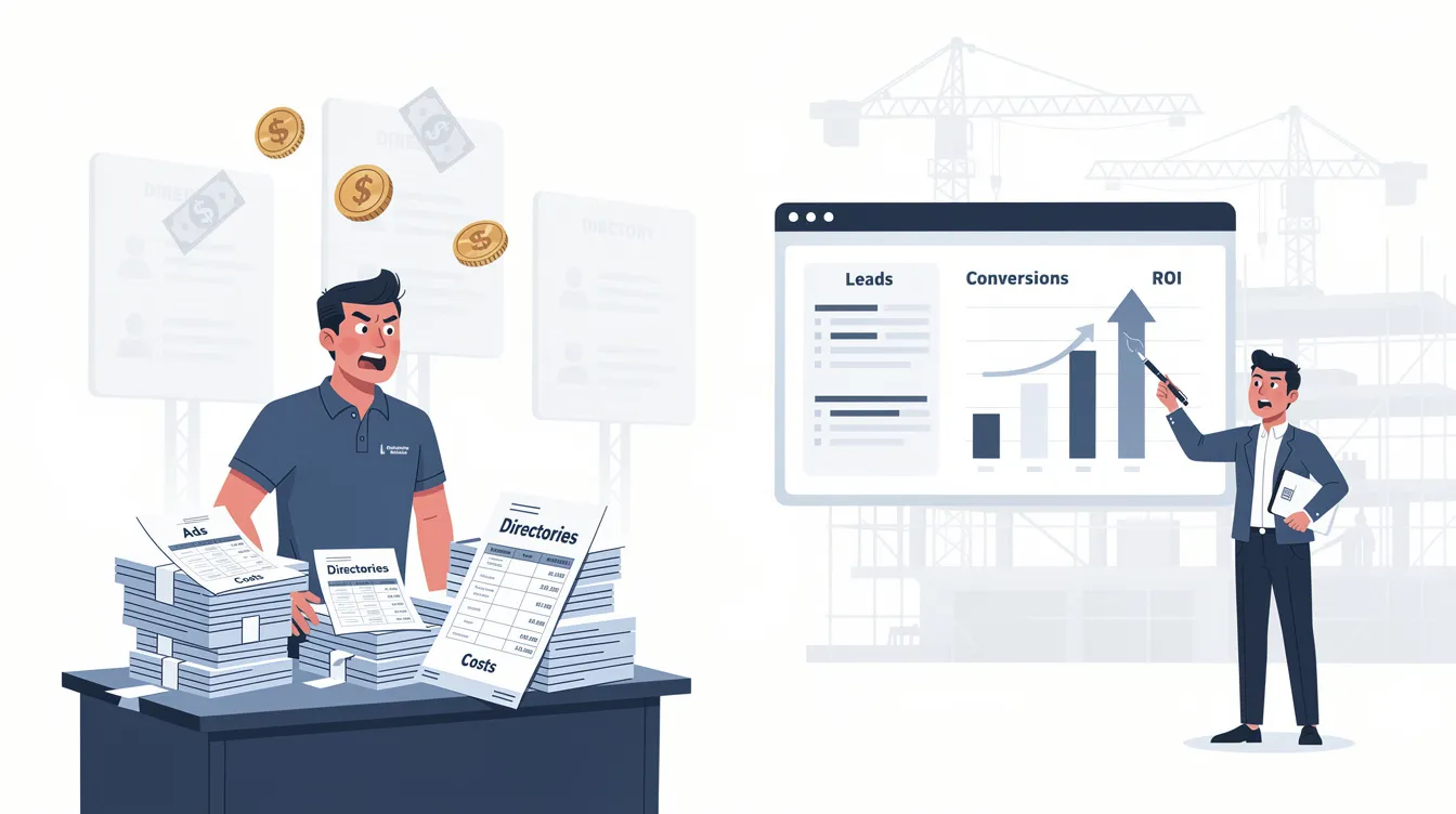 The image illustrates a construction marketing strategy meeting, where a diverse team of marketing experts discusses effective digital marketing tactics for construction companies. They analyze data to ensure their marketing efforts align with business goals, aiming to attract potential customers and drive qualified leads.