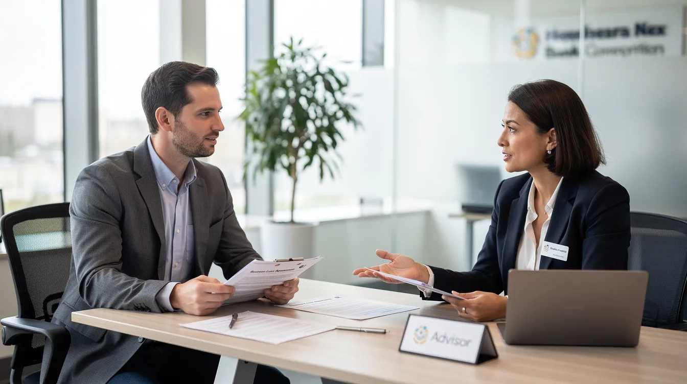 A small business owner is seated across from a bank officer at a desk in a bank branch, discussing the details of a mudra loan application. The scene reflects the importance of presenting a clear business plan and understanding eligibility criteria for loan approval.