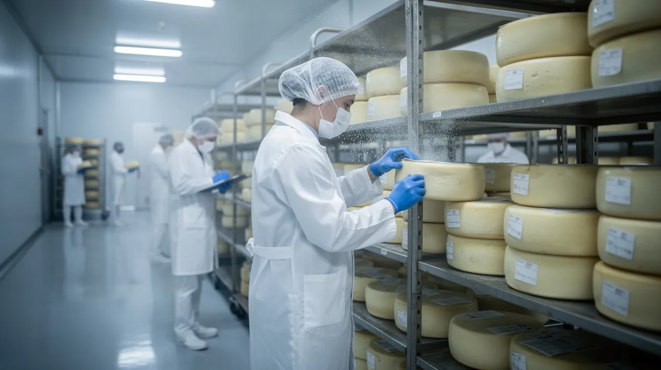 f900b7a0 1243 4e15 9ce2 782630045b9a In a cold storage room, workers in white uniforms are inspecting blocks of cheese placed on stainless steel shelving, ensuring quality control in the cheese manufacturing process. This scene reflects the operational efficiency and hygiene standards crucial in the dairy processing business.