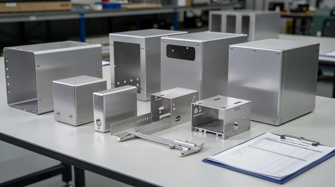 The image shows a variety of finished sheet metal enclosures and chassis parts neatly arranged on a quality inspection table, highlighting the precision fabrication and high-quality standards of custom metal fabrication services. The parts appear to be made from materials such as stainless steel and aluminum, ready for approval and distribution by wholesale sheet metal suppliers.