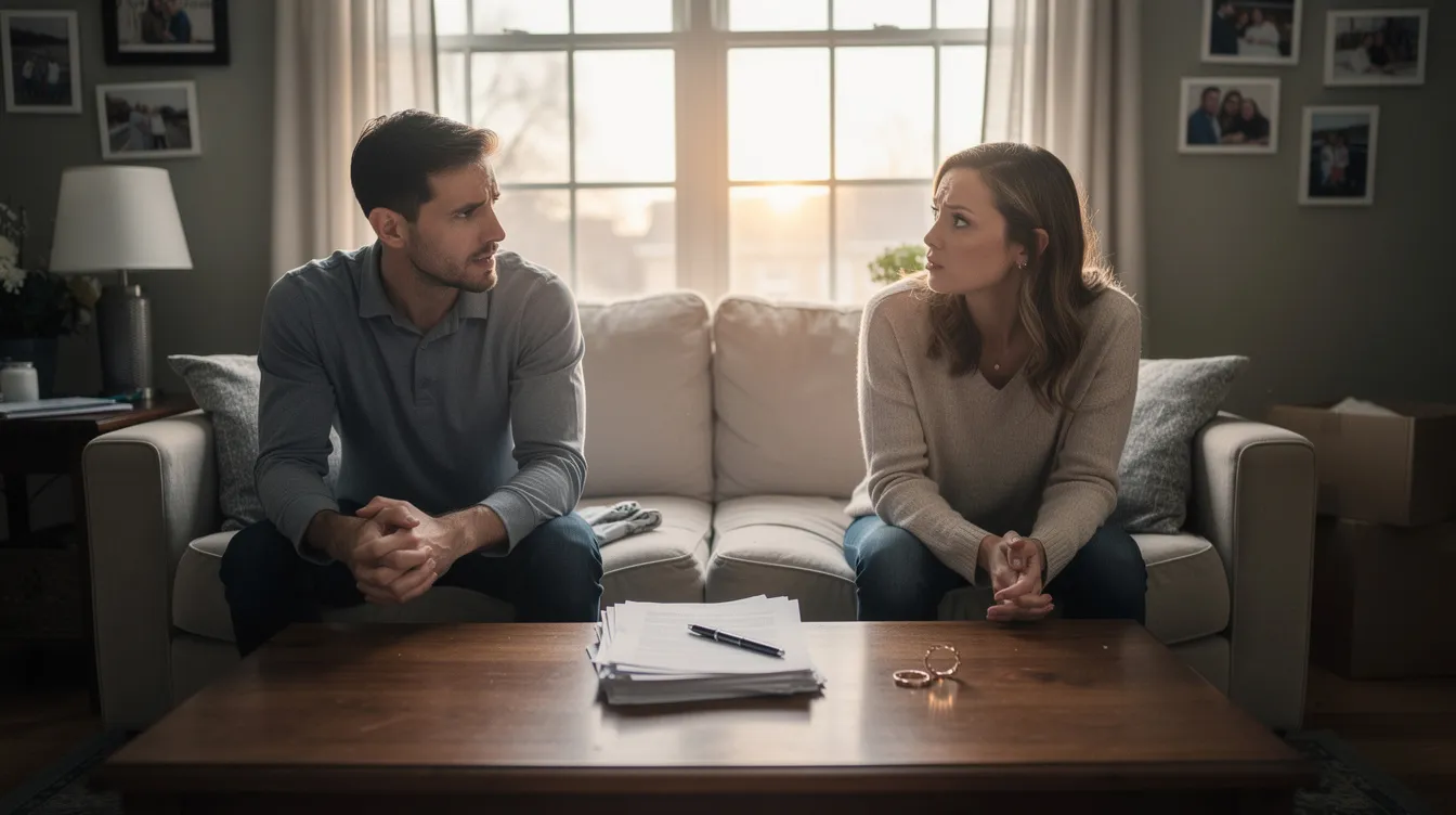 The image depicts a couple sitting across from each other, visibly distressed as they discuss their divorce. This moment reflects a significant life-altering decision, highlighting the emotional turmoil and the importance of seeking professional help during the divorce process.