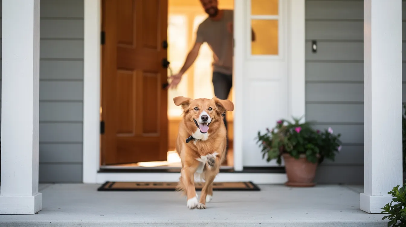 A joyful dog is running toward a person at a front door, tail wagging in excitement, showcasing the unconditional love and happiness that many dogs bring to their owners. This heartwarming moment highlights the strong bond between fur babies and their humans, reminding dog lovers of all the good times spent together.