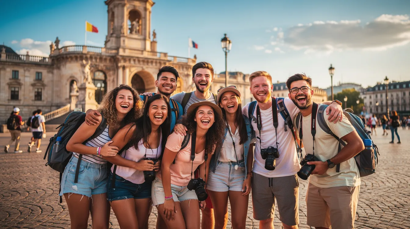 A group of young travelers stands together, smiling in front of a famous European city landmark on a sunny day, embodying the spirit of adventure and exploration. This vibrant scene captures the excitement of students ready to discover the world, potentially taking advantage of British Airways offers and student discounts for their next flight.