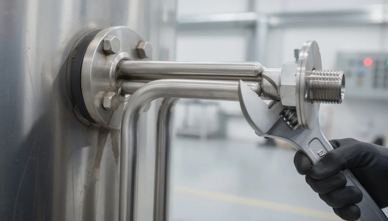 A close-up view shows a stainless steel immersion heater element being installed in an industrial tank, emphasizing the importance of efficient heating solutions for commercial settings. This installation is crucial for maintaining optimal temperatures and energy efficiency in various heating applications.