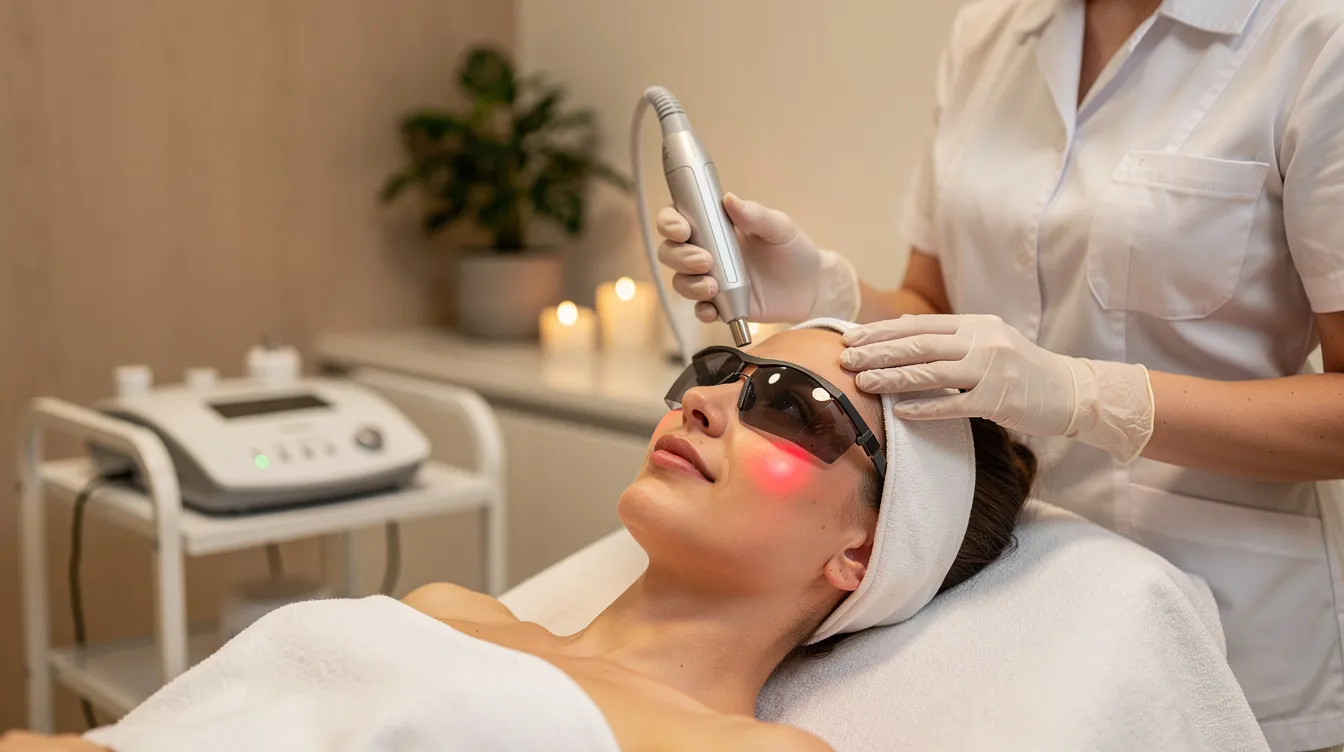 A patient is receiving a non-surgical facial laser treatment in a serene spa room, utilizing advanced laser technology to stimulate collagen production and achieve skin rejuvenation. The procedure offers minimal discomfort and downtime, making it an appealing option for those seeking a youthful appearance without traditional surgery.