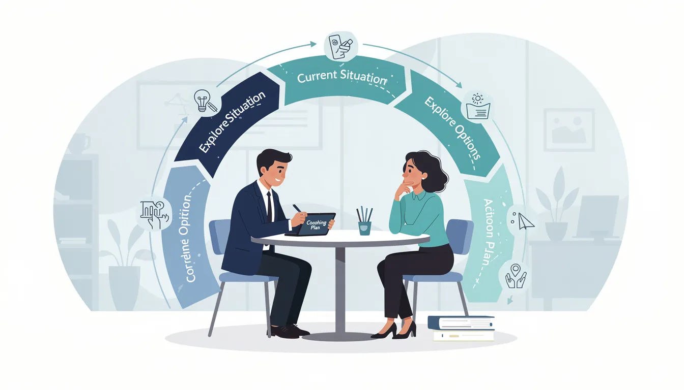 The image depicts a structured coaching model, illustrating the distinct phases of the coaching process that guide both the coach and coachee towards personal and professional growth. It emphasizes the importance of clear coaching frameworks and methodologies, such as the GROW model and solution-focused coaching, to facilitate effective coaching sessions and problem-solving.