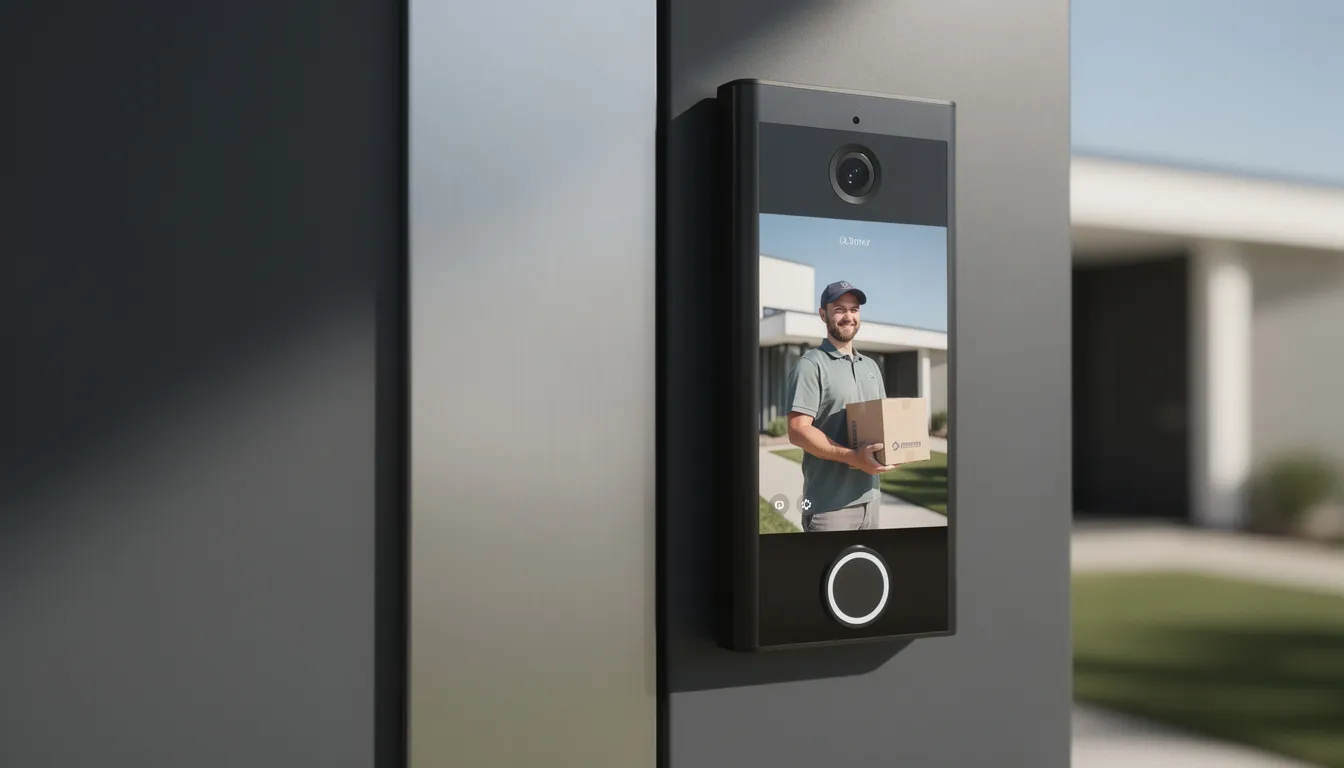 The image features a modern smart doorbell with a video display showing a delivery person standing at a front door, emphasizing the importance of staying connected and informed about your home. This technology can help you manage your finances better by ensuring you don't lose money on missed deliveries, ultimately contributing to a more secure financial situation.