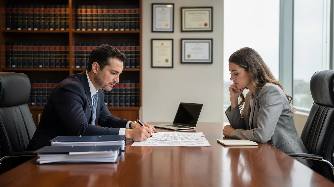 An attorney and their client are seated across a desk in a professional office, reviewing documents related to a car accident case. The atmosphere is focused as they discuss serious injuries, including potential traumatic brain injuries and the implications for medical bills and recovery processes.