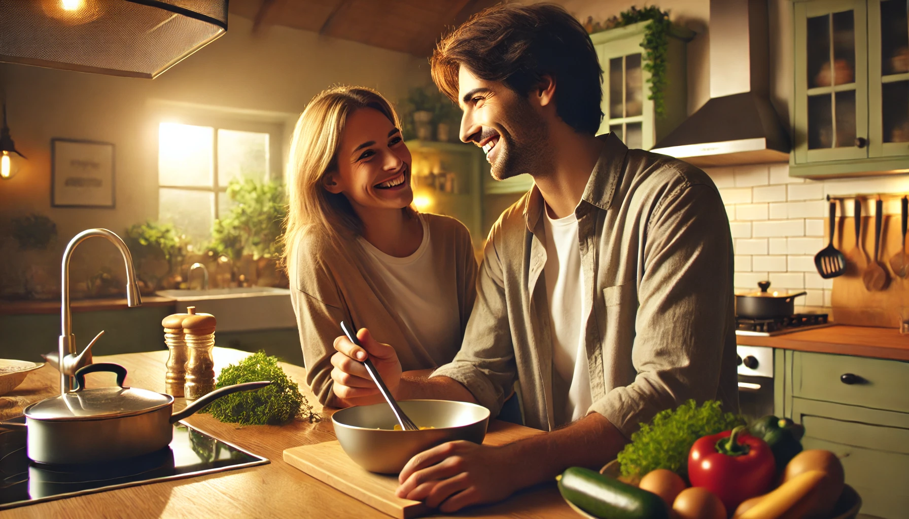 An image of a couple in a kitchen, cooking together and talking