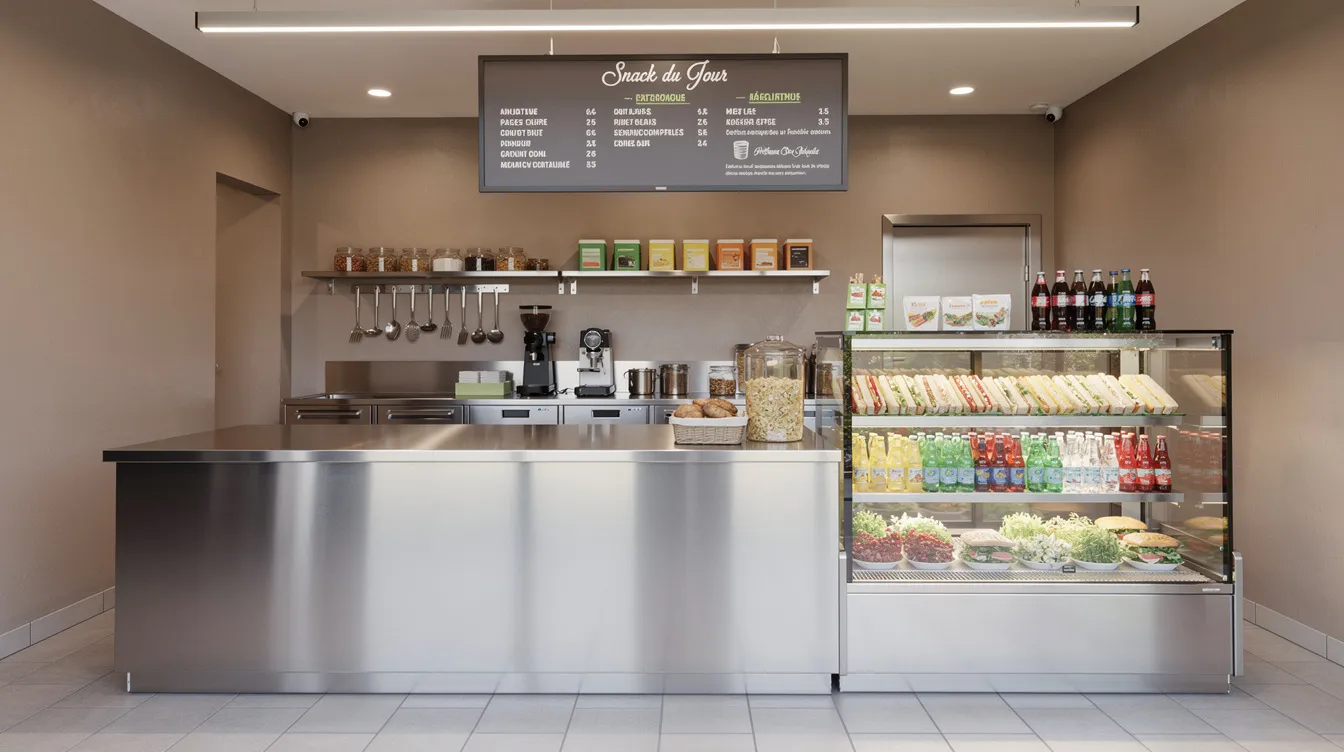 L'image montre l'intérieur d'un snack moderne, avec un comptoir en inox brillant, une vitrine réfrigérée bien fournie en produits de restauration rapide, et une zone de préparation organisée pour le snacking. L'espace est conçu pour optimiser le service et la qualité des plats proposés.