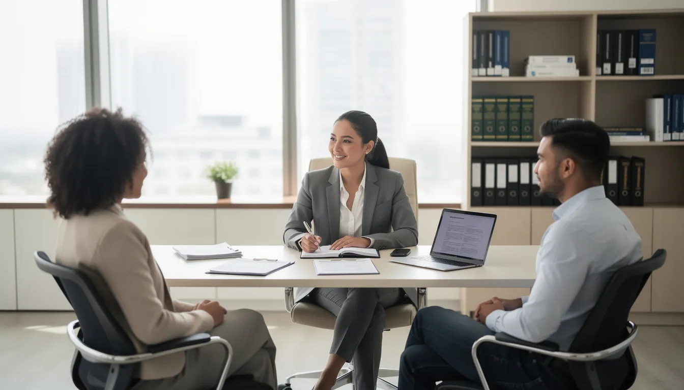 Un consultant en immigration discute avec des clients dans un bureau professionnel, offrant des conseils sur les procédures d'immigration et de citoyenneté au Canada. L'environnement est formel, avec des documents et des ordinateurs visibles, reflétant l'importance de la profession et des services offerts aux immigrants.