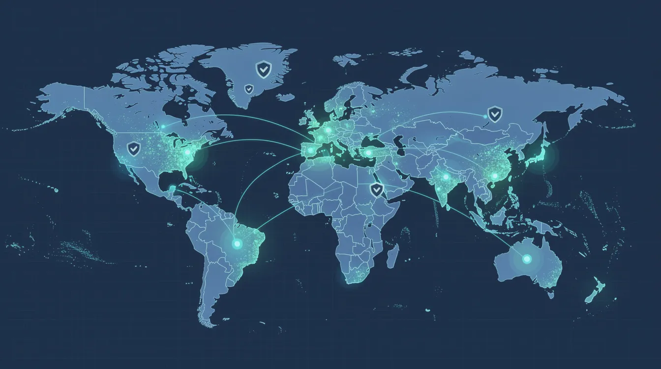 The image depicts a world map featuring scattered verification checkpoints and digital connection lines linking various continents, symbolizing global identity verification processes. This visual represents the interconnected nature of KYC solutions, highlighting the importance of document verification and ongoing monitoring in fraud prevention and regulatory compliance across financial institutions.
