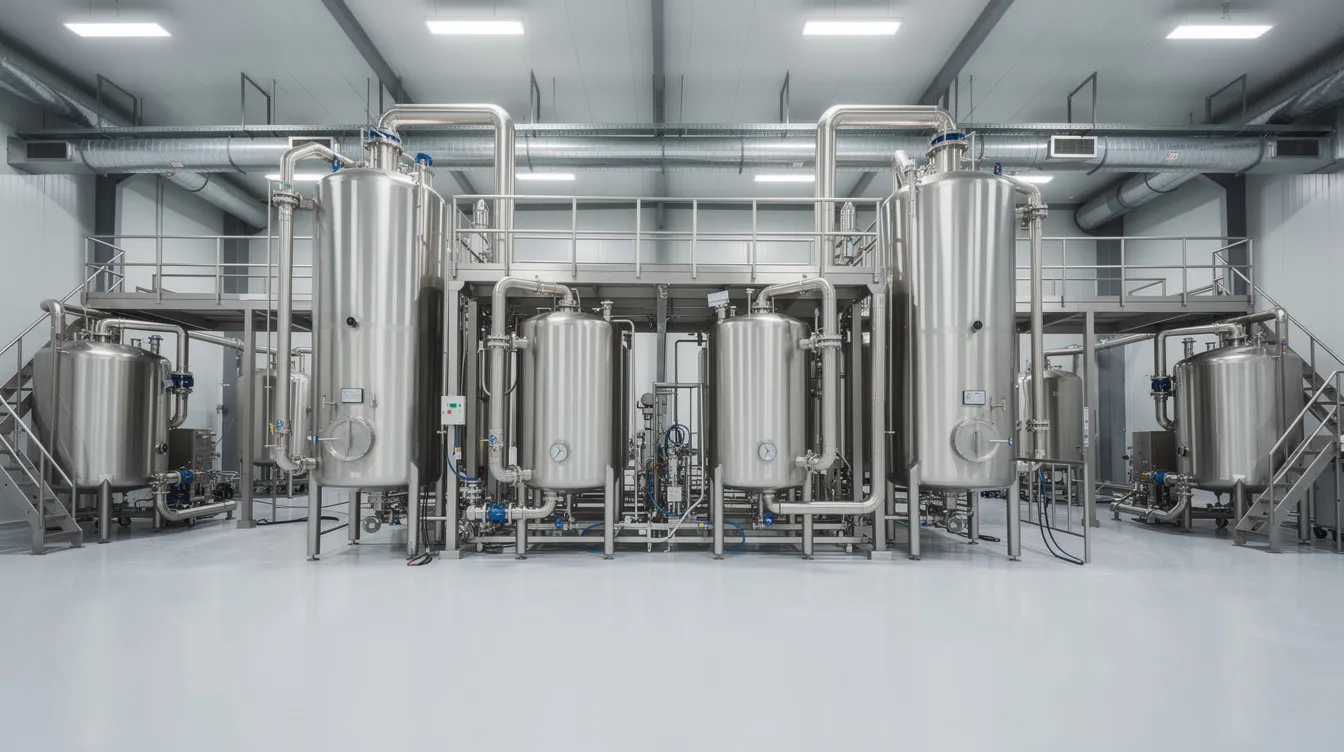 The image depicts a large stainless steel evaporator and crystallization tanks situated within a clean industrial processing hall of a dairy processing plant. This setup is essential for the efficient manufacturing of lactose and dairy products, supporting the rising global demand in the lactose market.
