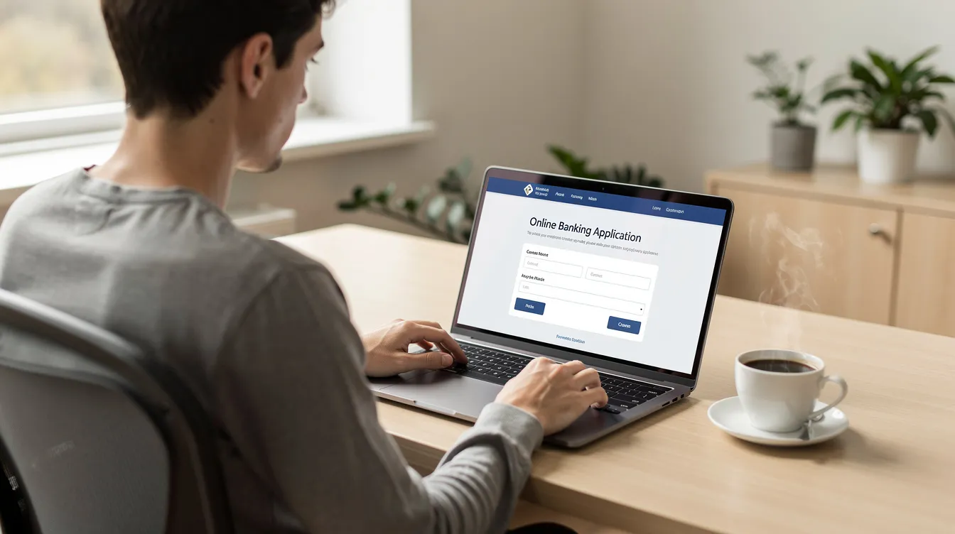 A person is seated at a desk in a modern home office, using a laptop to complete an online banking application for their Roshan Digital Account. Next to them is a cup of coffee, while they focus on managing their funds and investments as an overseas Pakistani.