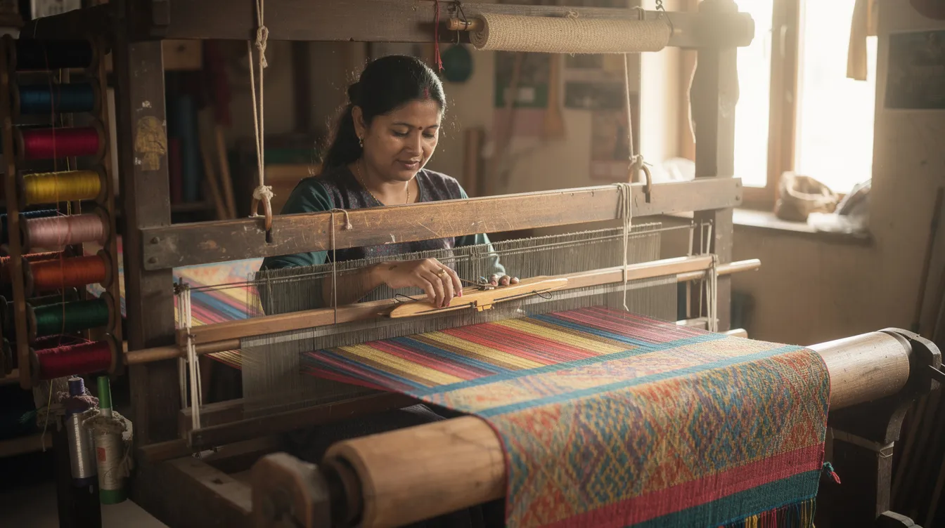 f90e1751 dfc1 4936 bee6 da6412d32738 A woman is skillfully weaving colorful fabric on a traditional wooden handloom, showcasing the rich cultural heritage of handloom weaving in India. This craft not only highlights the artistry of skilled labor but also presents significant business opportunities for budding entrepreneurs in regions like Manipur, where natural resources and government support can foster successful startups.