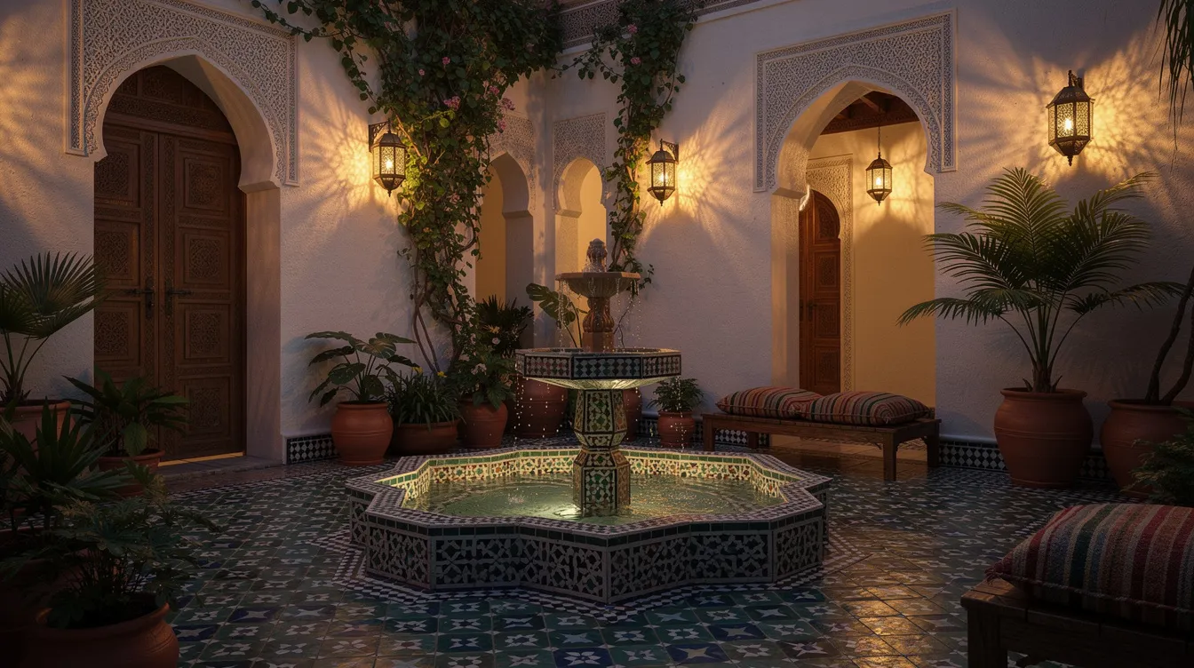 The image depicts a traditional Moroccan riad courtyard featuring a beautifully tiled fountain surrounded by lush plants, illuminated by the warm glow of lanterns. This serene setting is perfect for solo travelers seeking a peaceful retreat while exploring the vibrant culture and local delicacies of Morocco.