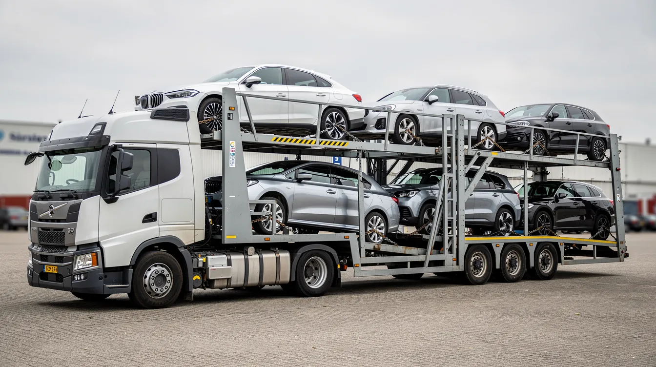 The image shows multiple sedans and SUVs securely loaded on an open car carrier trailer, illustrating a reliable vehicle transport solution for fleet management companies. This setup highlights the efficient logistics involved in transporting fleet vehicles safely to their destinations.