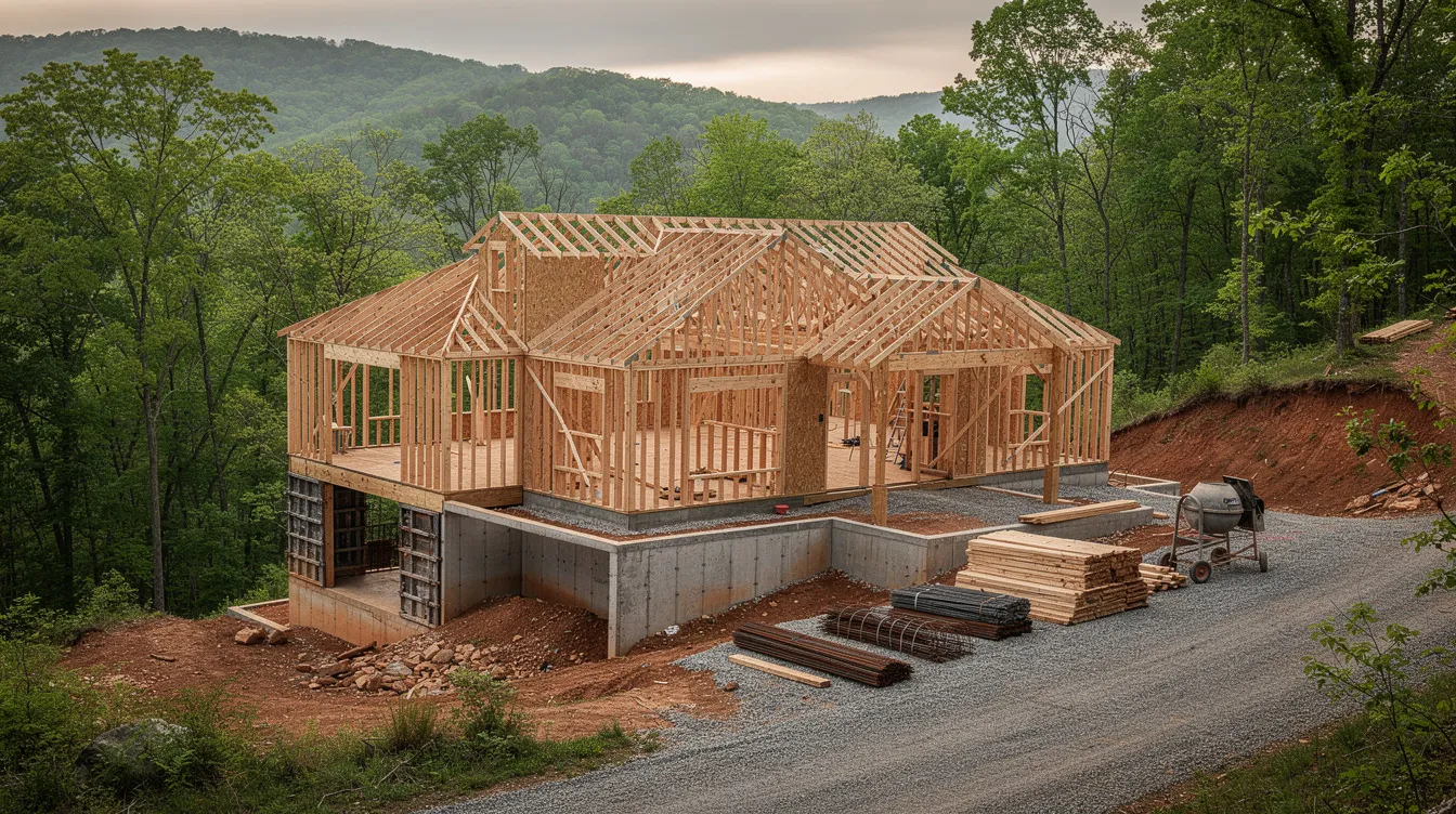 The image shows a partially constructed residential home on a wooded hillside in East Tennessee, featuring exposed framing and foundation work. This scene highlights the construction process, where potential construction defects may arise, necessitating the expertise of experienced construction defect attorneys to address issues such as structural damage or breaches of contract.