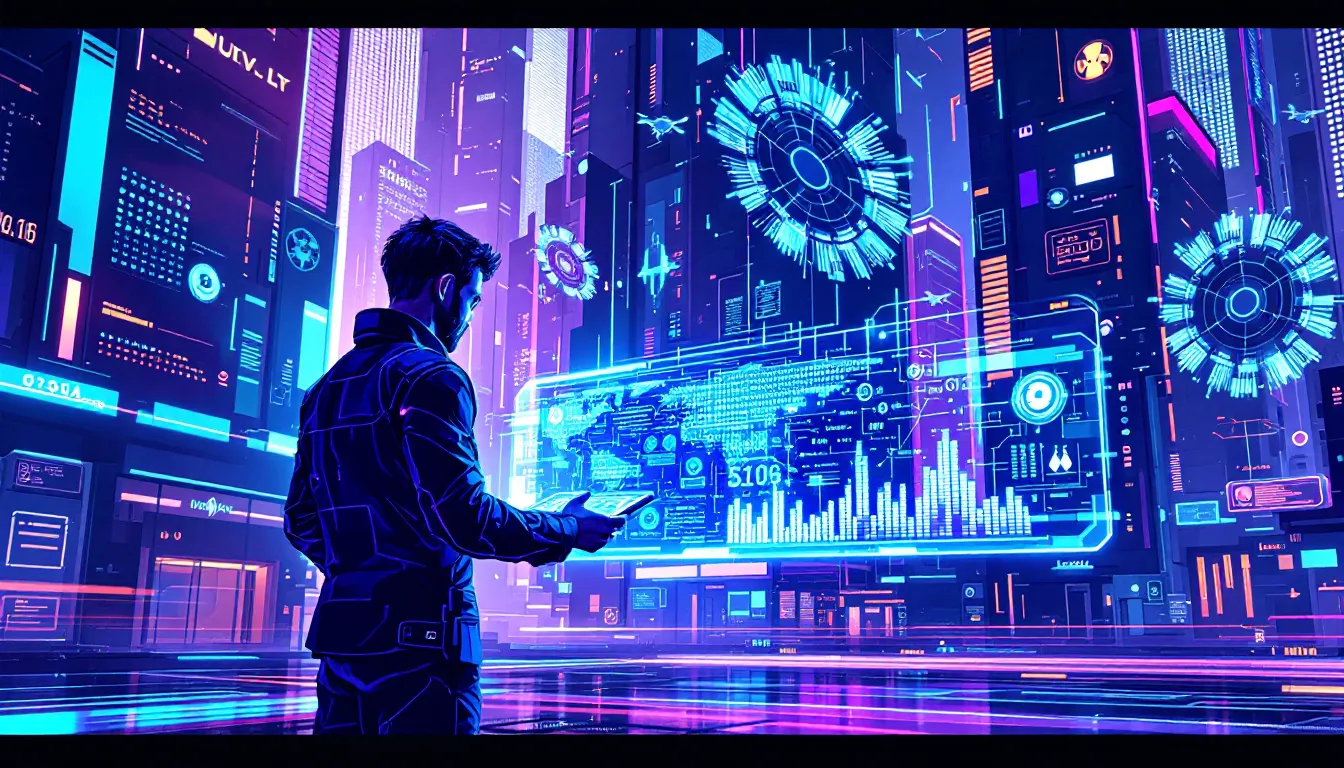 The image depicts a futuristic landscape showcasing quantum computing and augmented reality technologies, highlighting innovation and emerging technologies that business leaders are exploring to solve complex problems. In this new era, various technologies are presented as tools for greater autonomy and efficiency, emphasizing the importance of digital trust and collaboration in shaping the future.