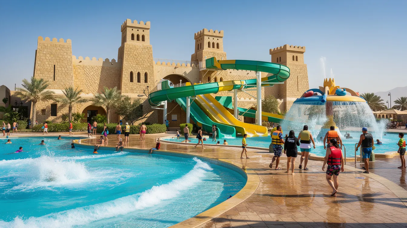 A imagem mostra o parque aquático Yas Waterworld, localizado em Abu Dhabi, Emirados Árabes Unidos. A cena captura diversas atrações aquáticas, incluindo toboáguas emocionantes e áreas de lazer, cercadas por palmeiras e uma arquitetura moderna, refletindo a atmosfera vibrante da cidade.