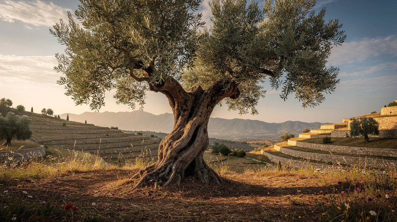 The image depicts an olive tree standing gracefully in a serene Mediterranean landscape, bathed in golden sunlight, symbolizing peace and tranquility. This scene evokes the Hebrew word "shalom," representing perfect peace and wholeness, deeply rooted in Jewish tradition and the biblical references of God's presence in creation.