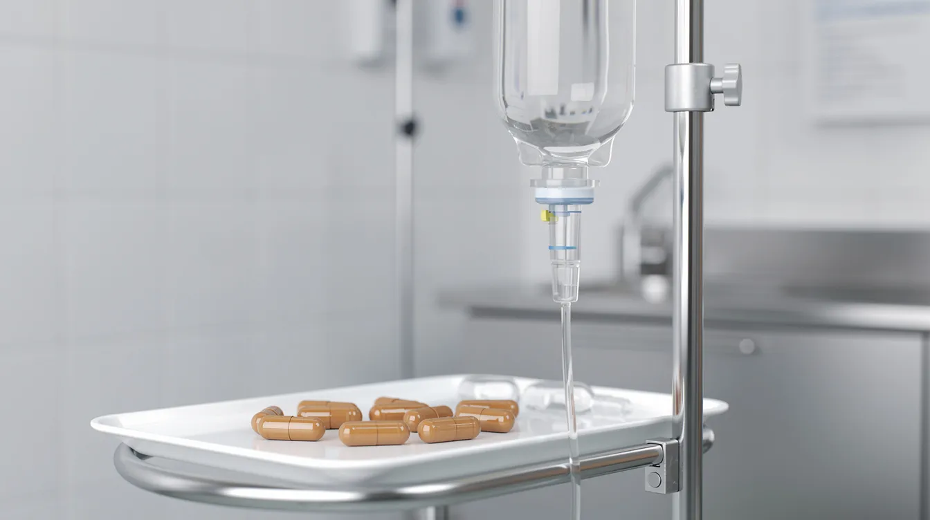 The image shows supplement capsules placed next to IV drip equipment in a clean medical environment, highlighting a focus on cellular health and energy production. This setting suggests a connection to weight management and the potential benefits of NAD therapy for improved energy levels and overall health.
