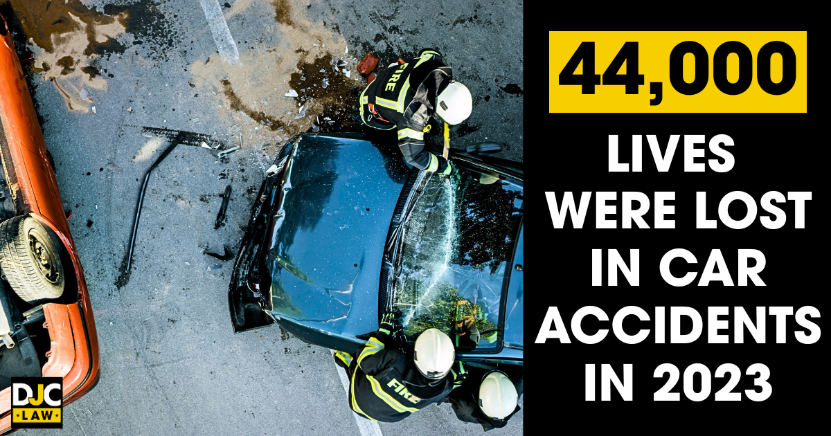 A car accident scene with the text, "44,000 lives were lost in car accidents in 2023" displayed prominently.