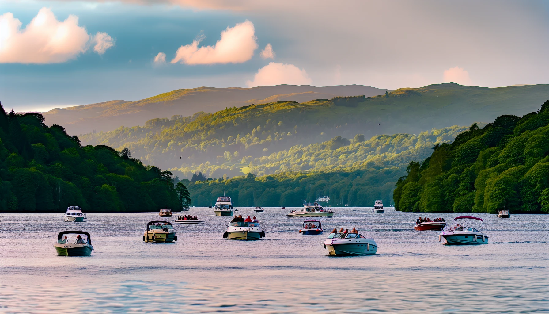 Scenic view of Windermere Lake with boats and surrounding hills