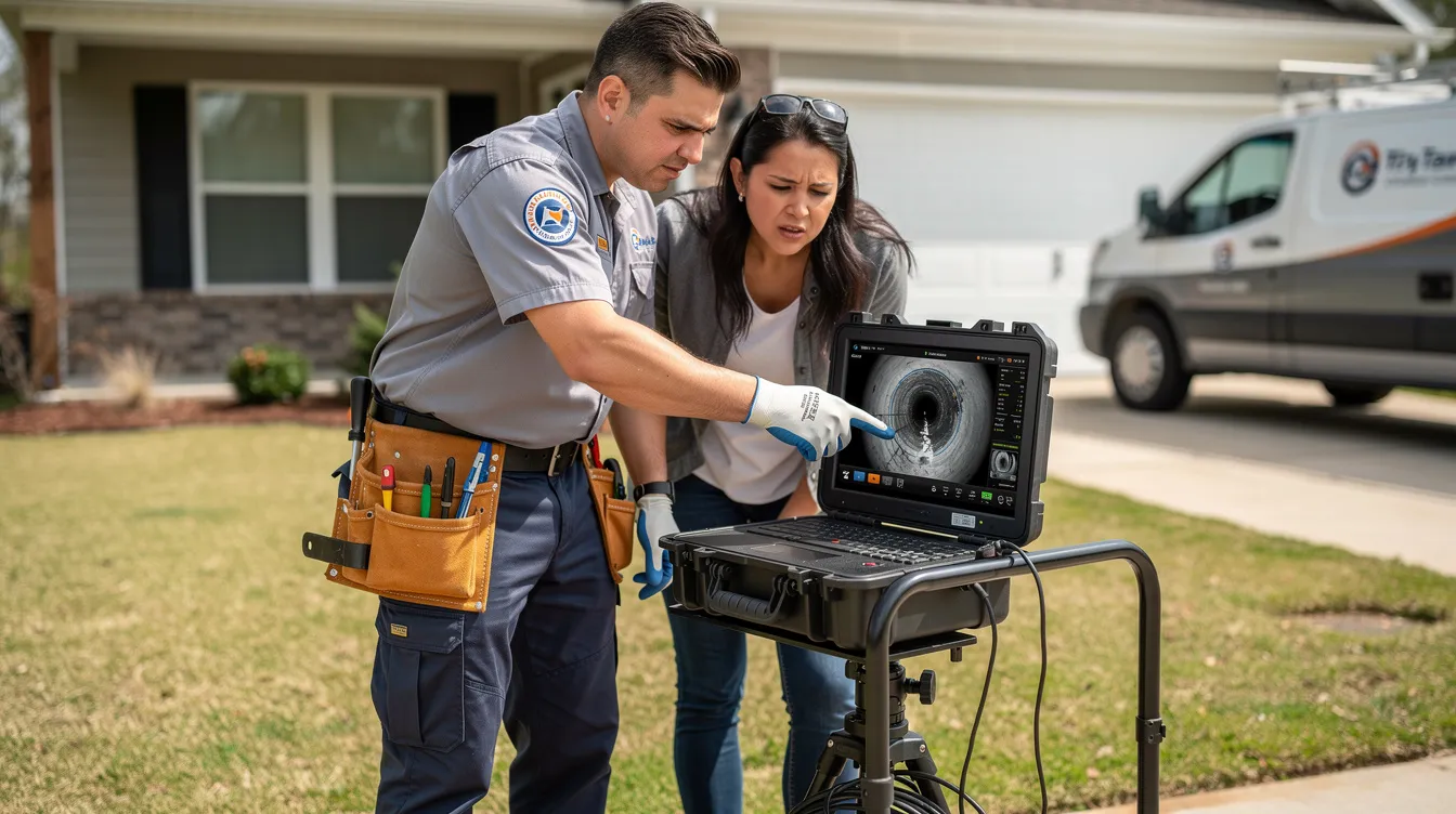 A plumbing technician and a homeowner are closely examining sewer camera footage on a portable monitor outside a residential home, discussing potential leak detection and issues within the sewer system. This video camera inspection helps them identify hidden leaks and assess the condition of the sewer lines to prevent future property damage.