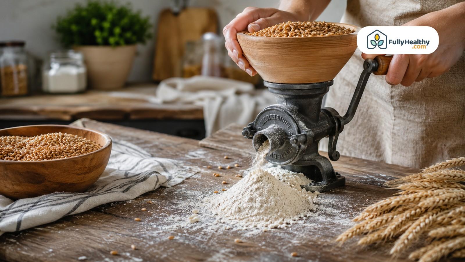 Person grinding wheat kernels into fresh flour with rustic hand mill