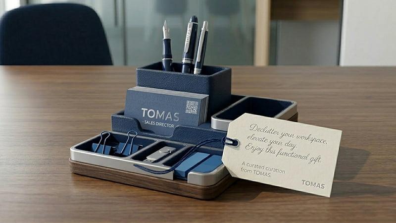 Branded executive desk organizer set with pen holder, business card case, and office accessories for premium corporate gifting.