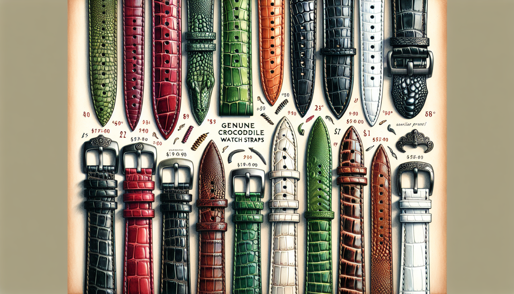 Illustration of colorful collection of crocodile watch straps