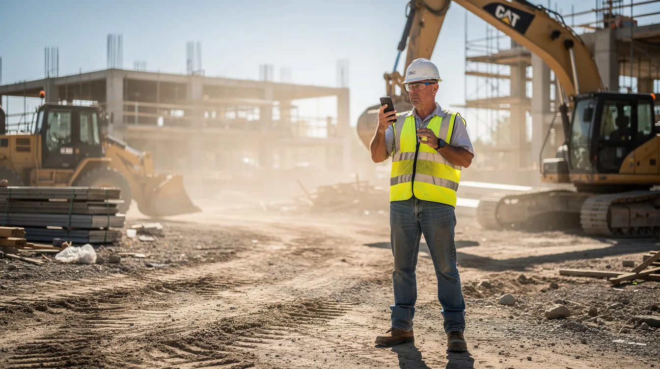 A construction superintendent stands on a dusty job site, focused on his mobile phone while heavy equipment looms in the background. This scene emphasizes the importance of effective communication and decision-making in the construction industry, reflecting the strong brand identity and marketing efforts required for successful saas companies in a competitive market.