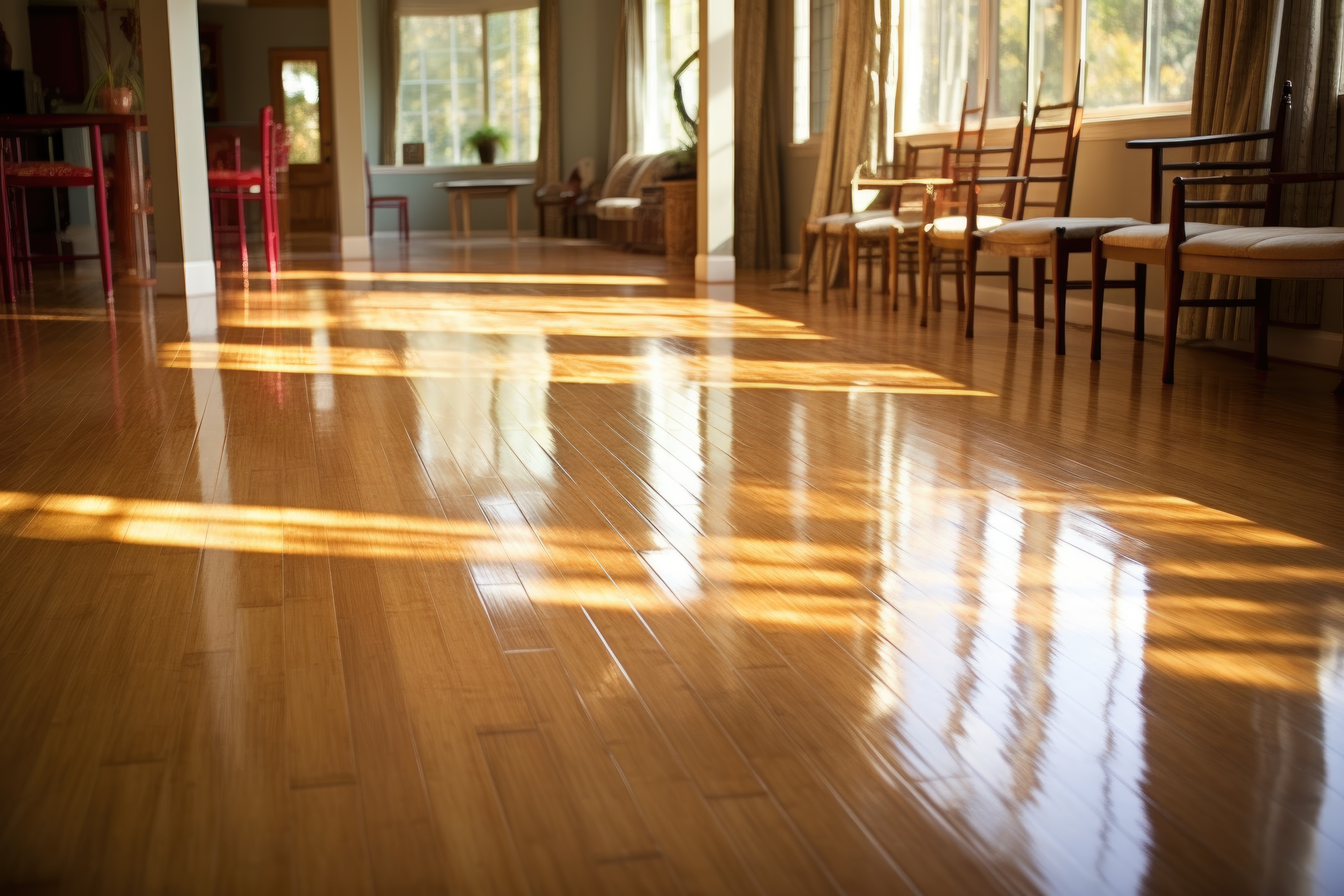 Sunlight streaming through a window, casting bright and elongated patterns on a glossy bamboo wooden floor in a room with chairs and a glimpse of a sofa.